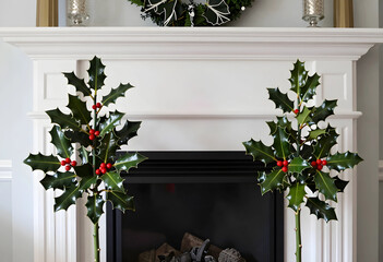 Fototapeta premium Christmas home decor and holiday interior design, festive holly plants with red berries on a white fireplace mantel for seasonal winter celebration