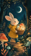 Fototapeta premium Whimsical storybook mobile wallpaper, rabbit carrying mushrooms beneath crescent moon
