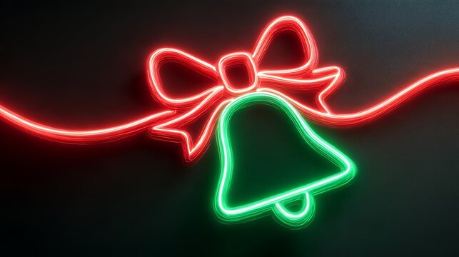 Continuous Neon Red Line and Green Christmas Bell Overlay on Black Background for Festive Holiday Party Design and Decoration