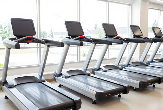 Fitness and healthy lifestyle, row of modern treadmills in a bright gym with large windows for cardio training and weight loss in a wellness center