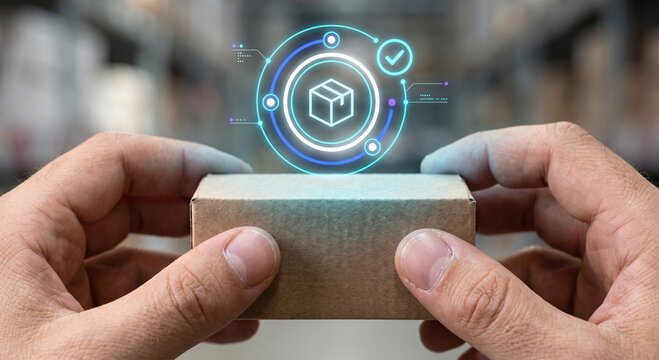 Hands holding a package with digital delivery icon overlay