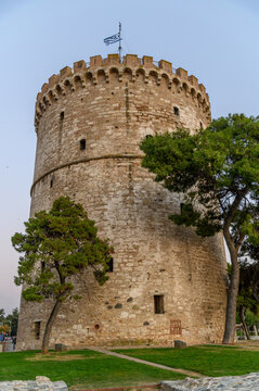 White Tower of Thessaloniki close-up at dusk, 15th century Ottoman fortress tower, Greece