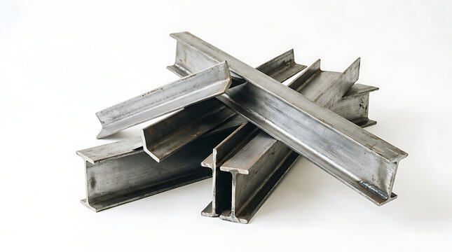 A collection of gray steel i beams are haphazardly stacked against a plain white background showcasing industrial construction materials i beams structural metalwork