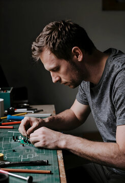 Innovation and engineering, man working on electronic circuit board repair in workshop with focus and precision for hardware development and technology