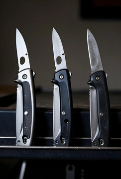 Survival gear and tactical equipment, three folding pocket knives with steel blades and ergonomic handles for outdoor adventure and everyday carry tools
