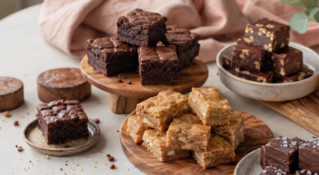 Assorted bite-sized brownies, blondies, fudges and caramel squares arranged on wooden boards and ceramic bowls