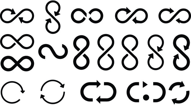 Collection of black infinity and circular rotation arrow icons featuring loop recycle sign and reload symbol on white background