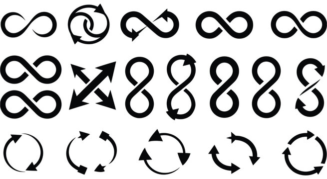 Collection of black infinity and circular rotation arrow icons featuring loop recycle sign and reload symbol on white background