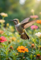 Fototapeta premium Biodiversity and nature conservation, hummingbird hovering over colorful garden flowers in summer sunlight for environmental and wildlife protection