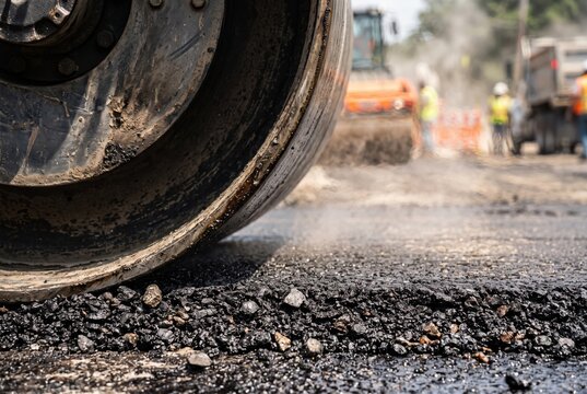 Close-up view of heavy road roller compacting hot black asphalt during highway paving and street resurfacing work with steam rising from the fresh surface.