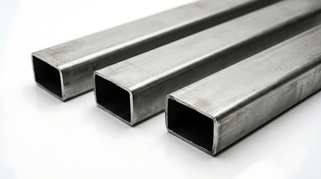 Three metallic square tubes are diagonally arranged on a white surface showcasing industrial materials aluminum angles architecture assembly building chrome clean construction