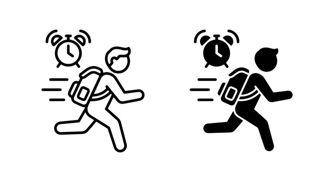 Running Student Icon, Back to School Rush, Time Management Alert, Vector Graphic Set
