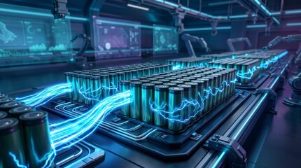 Fototapeta premium Modern automated production line assembling cylindrical lithium-ion battery packs with glowing electrical energy streams in a high-tech smart gigafactory.