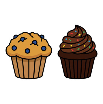 Blueberry Muffin and Chocolate Cupcake Vector Illustration