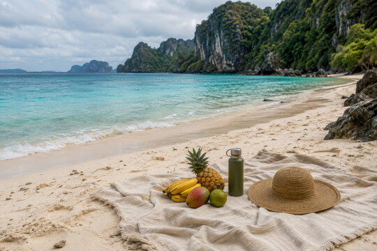 Tropical beach picnic with fresh fruit and straw hat