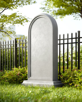 Blank gray stone headstone mockup on a green lawn in a peaceful cemetery, black metal fence and green trees in the background, empty tombstone template for rip text.