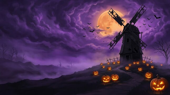 Spooky halloween windmill standing proudly upon a misty hill surrounded by glowing carved jack o lantern pumpkins beneath a full moon and flying bats digital illustration