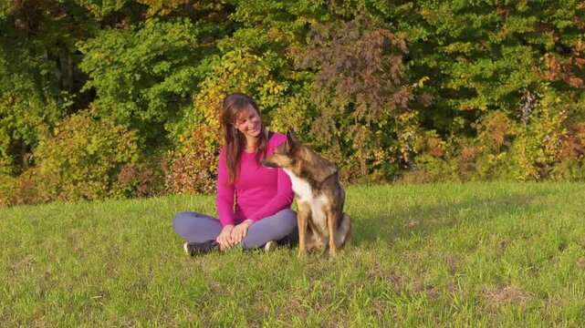 CLOSE UP, PORTRAIT: Happy woman sits in grassy meadow and affectionately hugs her mixed breed shepherd dog. Close interaction shows trust and friendship. Gentle moments amidst colorful autumn woodland