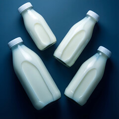 Fototapeta premium Nutrition and healthy diet, fresh milk in glass bottles for dairy industry and grocery shopping on a dark blue background with top view composition