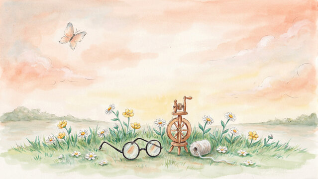 Watercolor vintage illustration of spinning wheel and glasses, nostalgic storybook background with daisy flowers and butterfly, soft pastel landscape