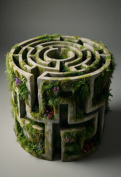 Complexity and problem solving, circular stone maze overgrown with moss and wildflowers as a metaphor for strategic thinking and business challenges