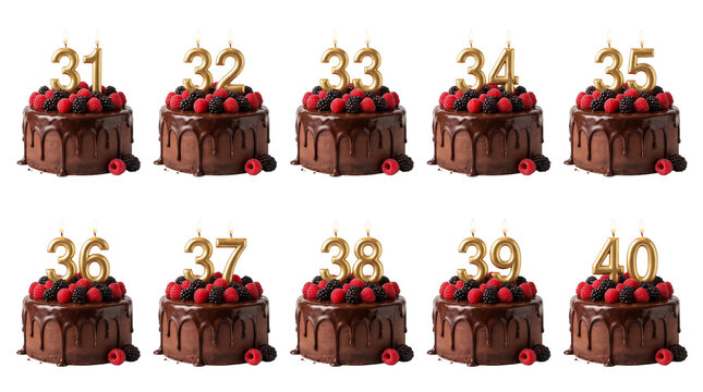 Set of chocolate birthday cakes with golden candles from thirty-one to forty years anniversary isolated on white,transparent background