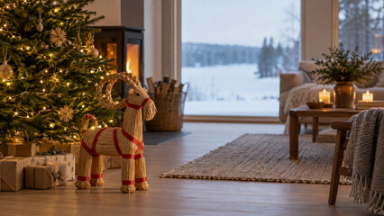 Obraz premium Traditional straw goat ornament stands in cozy living room decorated for Christmas with glowing tree, warm fireplace, and scenic view of snowy winter landscape through large window.