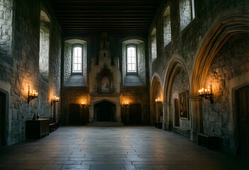 Obraz premium Medieval castle hall interior, historical architecture and heritage preservation, ancient stone room with candlelight and gothic arches for film production