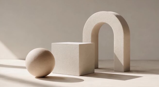 Minimal beige still life with sphere, cube and arch arranged in soft natural light