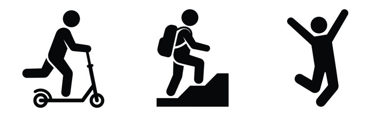 Fototapeta premium Outdoor activity vector icon set featuring kick scooter riding, mountain hiking, jumping, and adventure symbols isolated on white for sport and travel designs.