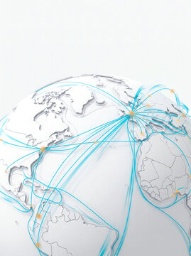 White minimalist 3D globe with glowing blue network connection lines and communication hubs symbolizing global travel, logistics, and data exchange