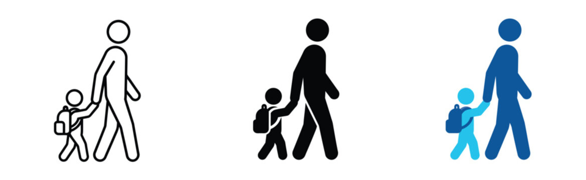 Student walking with parent icon set representing family support, school life, education, childcare, parenting, daily commute, and community.