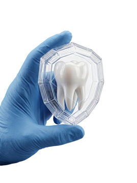 Dentist holding a protected white tooth in a digital shield frame on transparent background