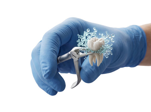 Dental forceps holding a tooth being cleaned with water splash bubbles isolated on transparent background