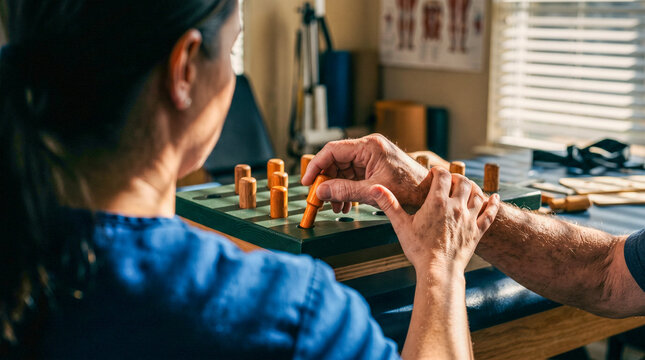 Occupational Therapist Assisting Senior Patient with Hand Dexterity Rehabilitation on Pegboard