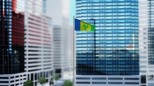 Saint Vincent and the Grenadines Flag 3D Render Animation Waving in Front of Modern Glass Buildings - Daytime