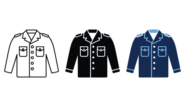 Military uniform jacket vector design icon set featuring detailed buttons pockets patches and tactical clothing elements for army graphic design