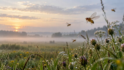 Fototapeta premium Fruit Flies Flying Above Dewy Wildflower Meadow at Sunrise