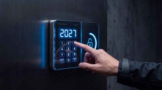 Person pressing buttons on a sleek digital keypad security lock mounted on a dark textured wall.