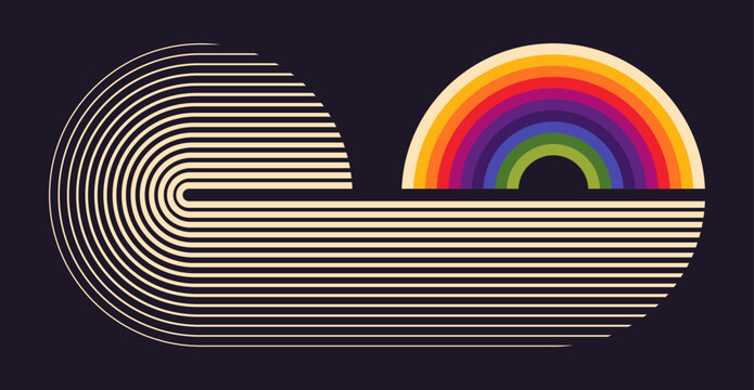 A retro vector illustration featuring a colorful rainbow arc alongside curved striped pattern. Vector illustration.