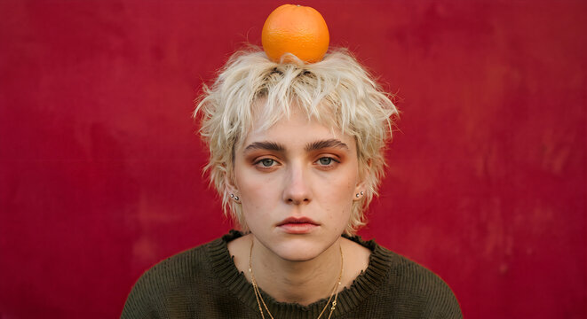 A young woman with platinum blonde hair balances an orange on her head against a vibrant red background a quirky portrait