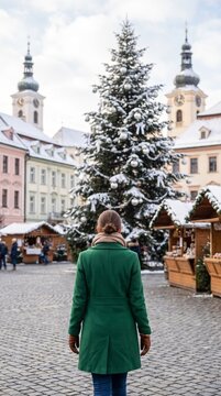 Vertical portrait of a woman in a green coat looking at a decorated Christmas tree. Female tourist at a European Christmas market in a historic town square