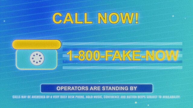 Retro 1990s TV infomercial graphic with CALL NOW! Text, cartoon phone, and fake 1-800 number on blue gradient. Nostalgic parody style suits humor, marketing satire, and throwback advertising themes.