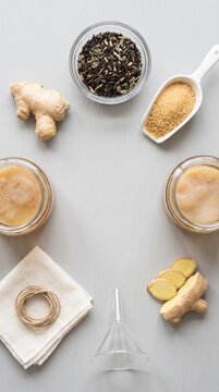 Flat lay of homemade kombucha ingredients on a grey background. Vertical photo of scoby jars, ginger, tea, and sugar arranged in a circle. Healthy probiotic drink preparation with copy space
