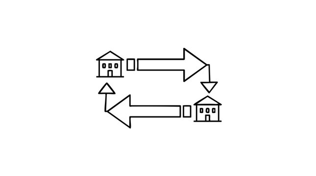 Home exchange concept with arrows between two houses indicating swapping and shared living experiences.
