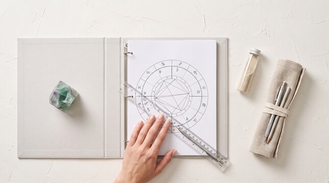 Flat lay of a hand analyzing an astrological natal chart with a ruler. Astrologer working on a horoscope with crystal and tools on a white textured background