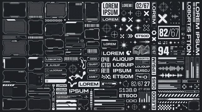 Set of futuristic cyberpunk user interface elements and digital HUD frames on a dark background
