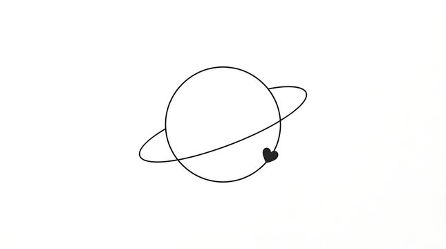 Minimalist line art illustration featuring cute planet Saturn with tiny black heart shape inside