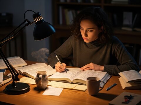 Concentrated student studying late night with books and coffee