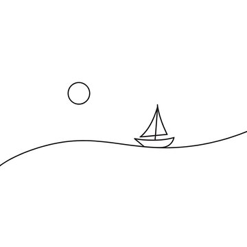 Minimalist line art drawing of sailboat navigating calm ocean waves beneath sun